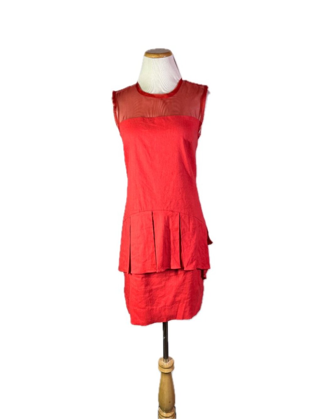 Atelier Nicole Miller Size P (XS) Pinkish-Red Sleeveless Dress Sheer Yoke Pleat